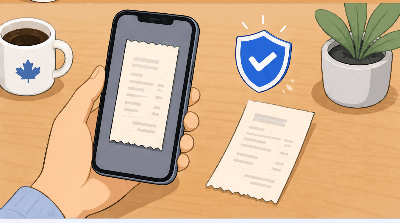 A hand holding a phone showing a clear digital photo of a paper receipt beside the faded original, a blue checkmark badge signalling the digital copy is accepted