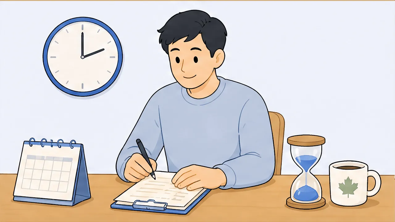 A freelancer at a desk beside a simple round wall clock and a small calendar block, a maple-leaf mug and a tidy stack of receipts, suggesting a filing date later than when interest starts