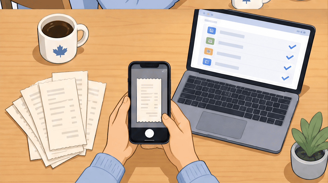 Flat editorial illustration of an organized desk: a smartphone photographing a paper receipt, a tidy stack of categorized receipts beside a laptop showing a clean expense list