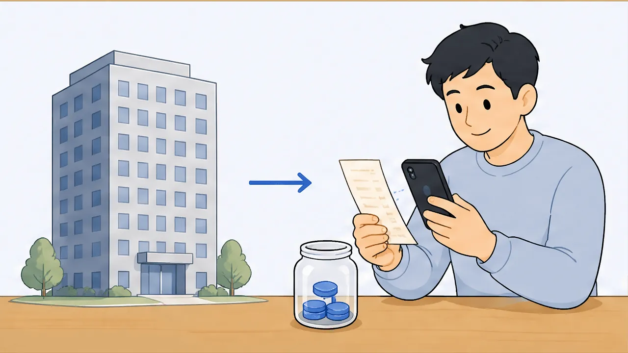 A contrast between an oversized empty office building and one small tidy desk where a freelancer scans a receipt with a phone, a small coin jar nearby suggesting low cost