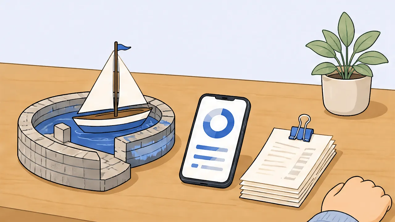 A small sailboat sheltered behind a curved stone harbor wall sits as a calm desk paperweight beside a phone and a few organized receipts, suggesting a safe harbor