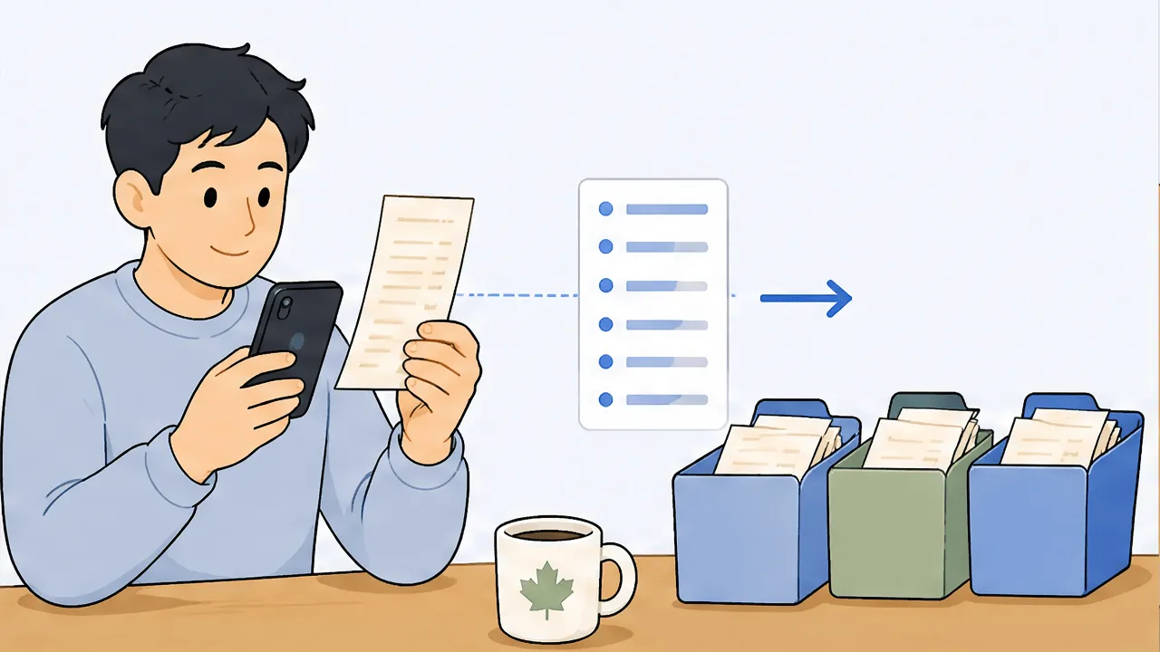 A self-employed Canadian holding a paper receipt up to a phone camera, the captured receipt lines flowing rightward into a set of neat labeled buckets, a maple-leaf coffee mug on the desk