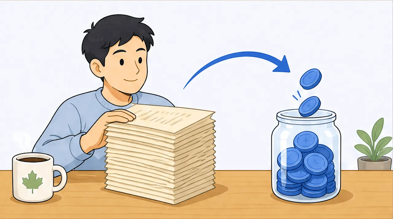 A tall stack of Q2 receipts being transformed along an arrow into a small jar of blue coins, a Canadian maple-leaf mug, calm and orderly