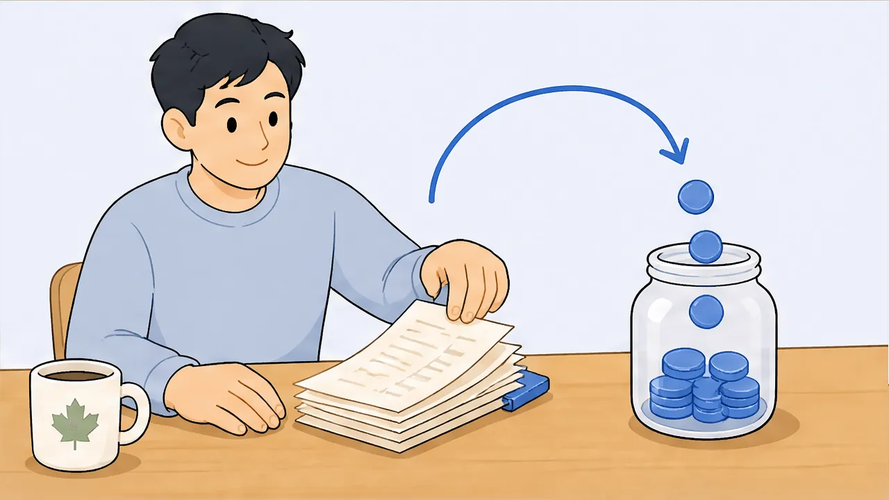 A Canadian freelancer feeding a stack of receipts into a process that returns blue coins to a small jar, a maple-leaf mug nearby, suggesting input tax credits coming back