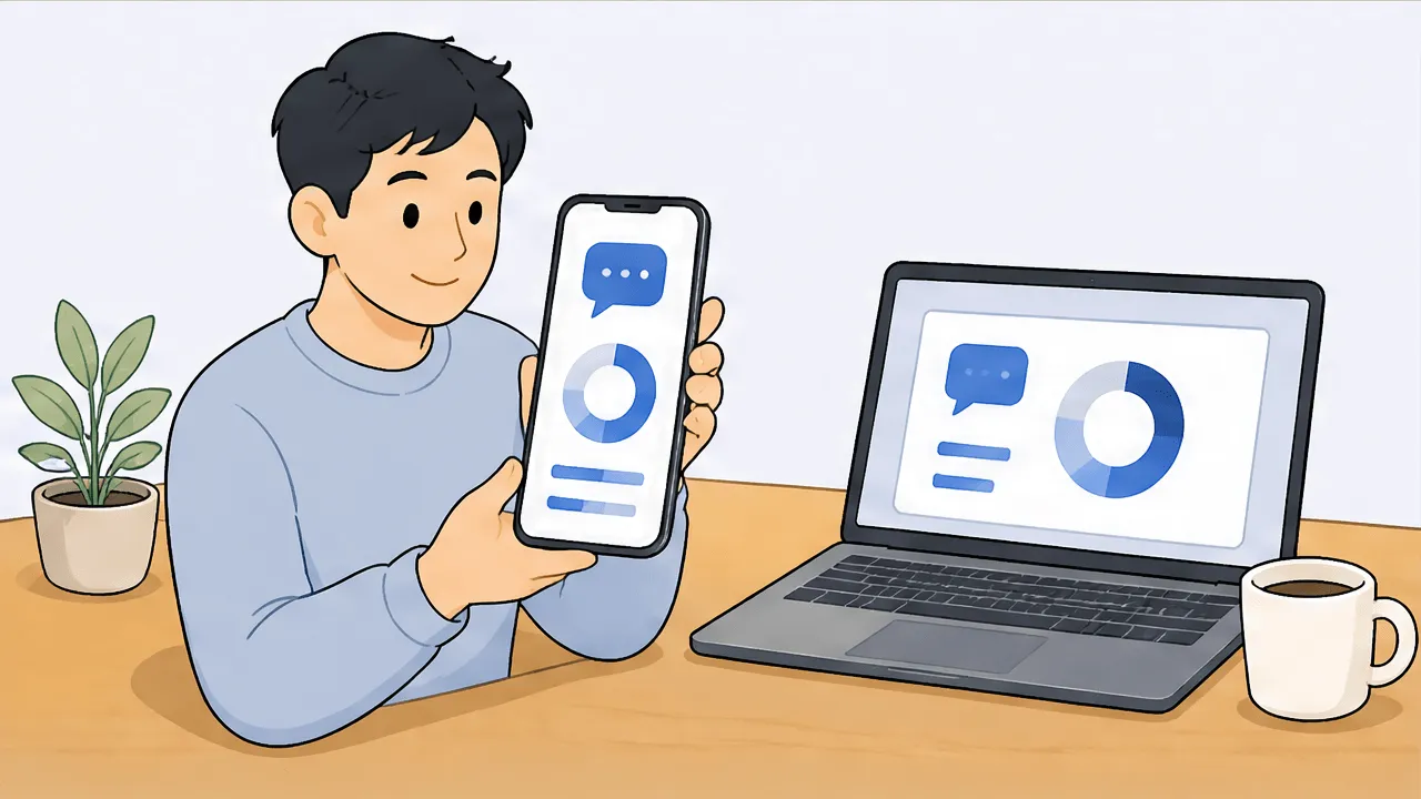 A freelancer reviewing a phone showing a friendly chat bubble and a simple half-filled donut chart, calmly checking the first half of the year