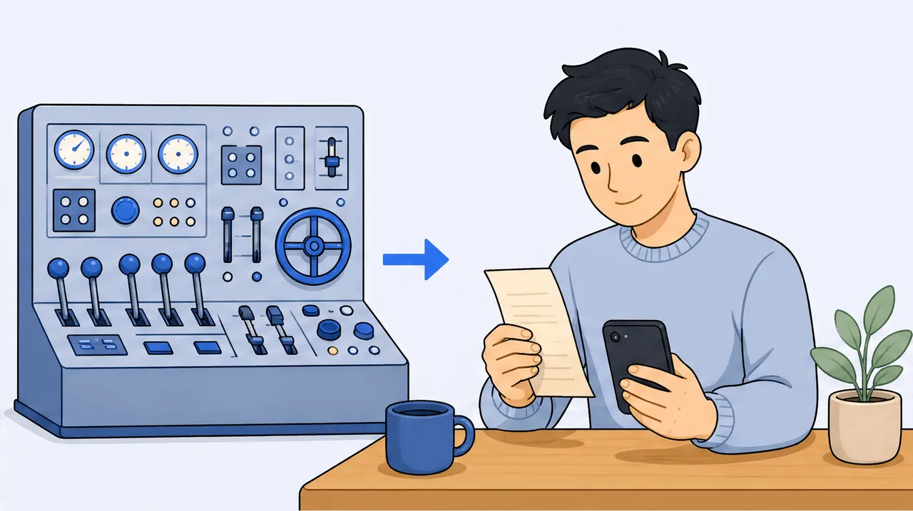 A contrast between an oversized complex control panel with many dials and a single simple phone scanning a receipt, a freelancer choosing the simple right-sized tool