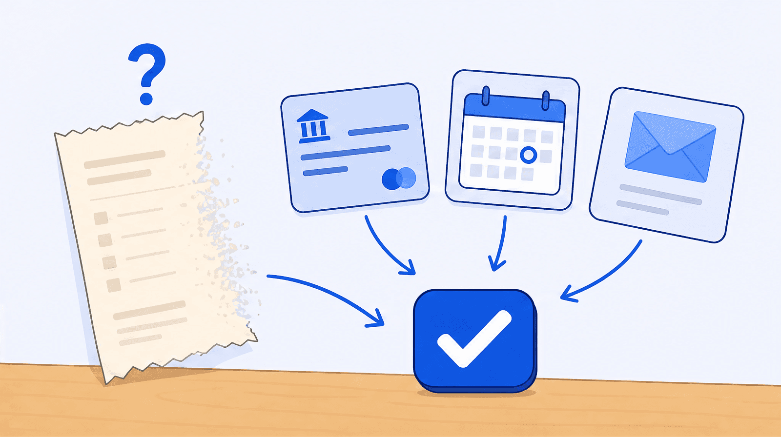 A single faded torn paper receipt with a question mark, its expense reproven from a card statement, a calendar date, and an email that resolve into a confident blue checkmark