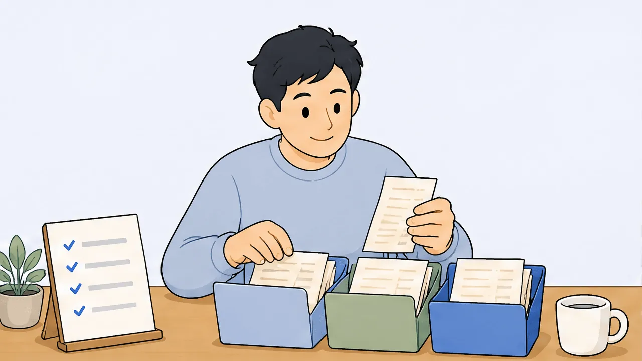 A freelancer at a tidy wooden desk sorting a small stack of paper receipts into three neat labeled folders, a simple checklist card propped beside them, calm and organized at the halfway point of the year