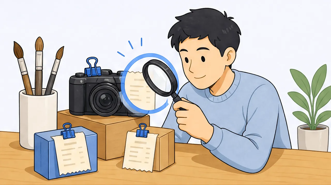 A creative's desk with a camera, paint brushes and small props, each with a little receipt attached, a magnifier hovering over one previously overlooked receipt