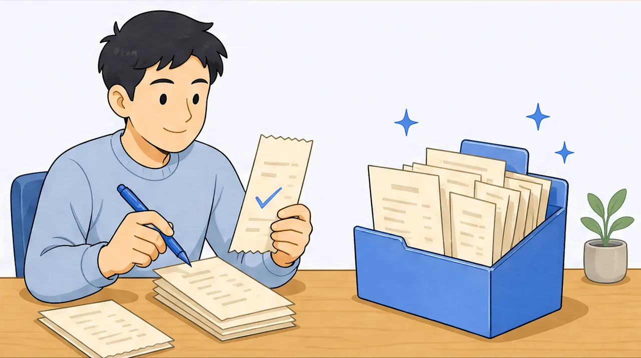 A freelancer running a tidy audit pass, checking off receipts and filing them into a clean folder, a small sparkle suggesting freshly cleaned books