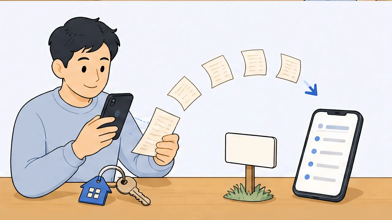 A real-estate agent character scanning a small receipt with a phone beside a tiny house keychain and a small lawn sign, many little receipts being captured into neat rows