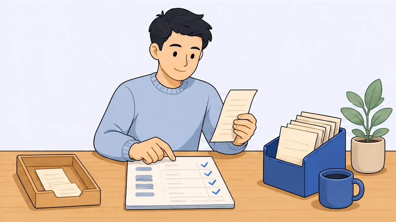 A freelancer reconciling receipts against a clean ledger list, a nearly empty to-do pile on one side and a full done folder on the other, end-of-quarter tidy