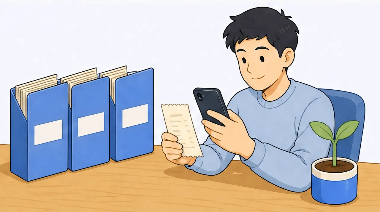 A brand-new tidy setup with empty labeled folders ready, a phone poised to scan a single first receipt, a small green sprout suggesting a new beginning