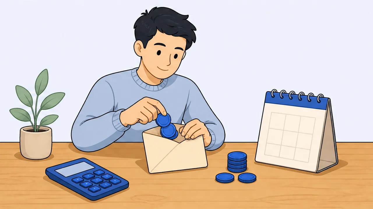 A freelancer setting aside blue coins into a labeled envelope sized against a calendar block marked for September, a calm planning scene