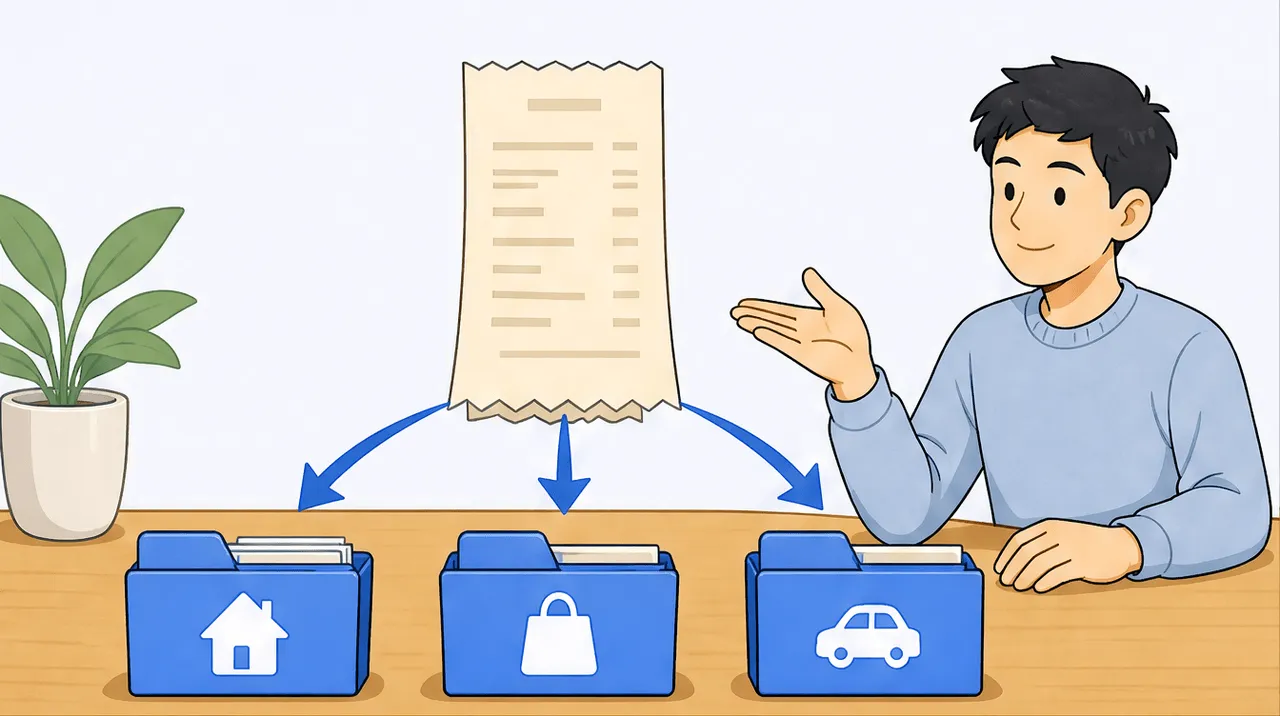 One large receipt whose line items branch via arrows into three different labeled category folders, a freelancer pointing to show the split