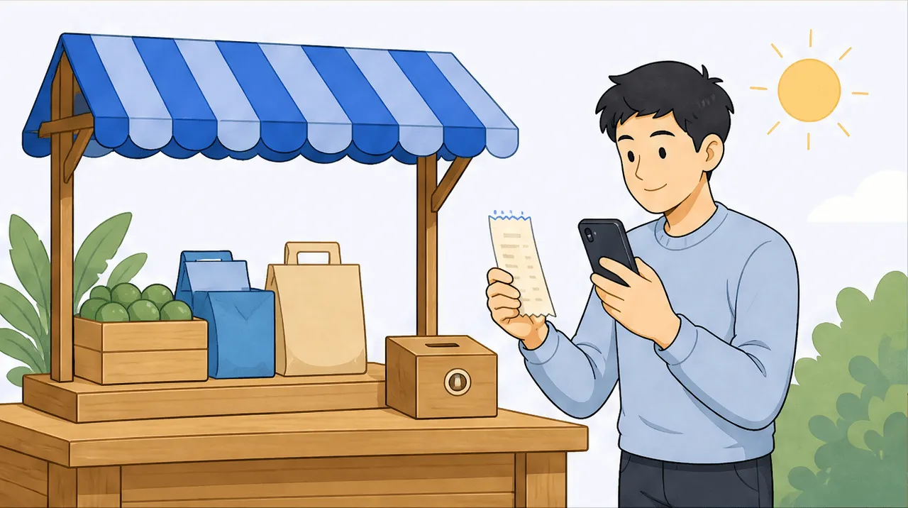 A small sunny market stall stocked with simple goods, a freelancer scanning a supplies receipt with a phone, a small coin box, cheerful summer side-hustle mood