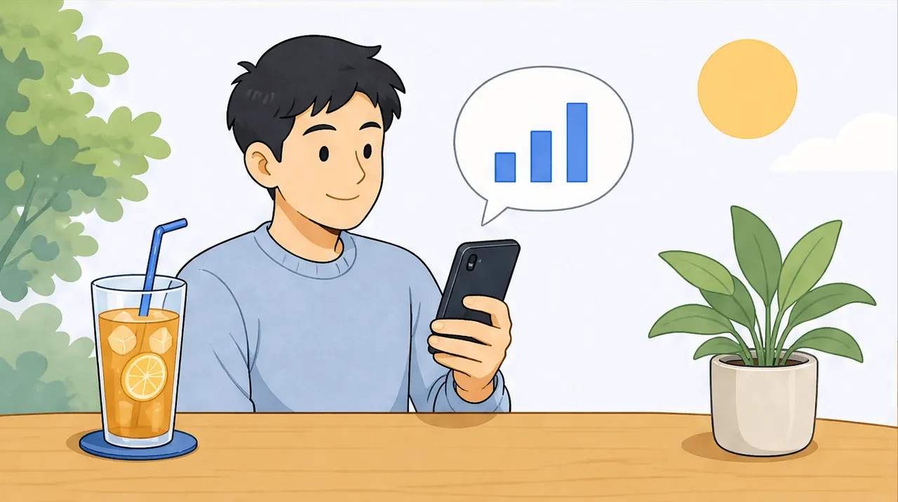 A freelancer on a sunny patio reviewing a phone showing a friendly chat bubble and a simple bar chart of summer spending, relaxed and informed