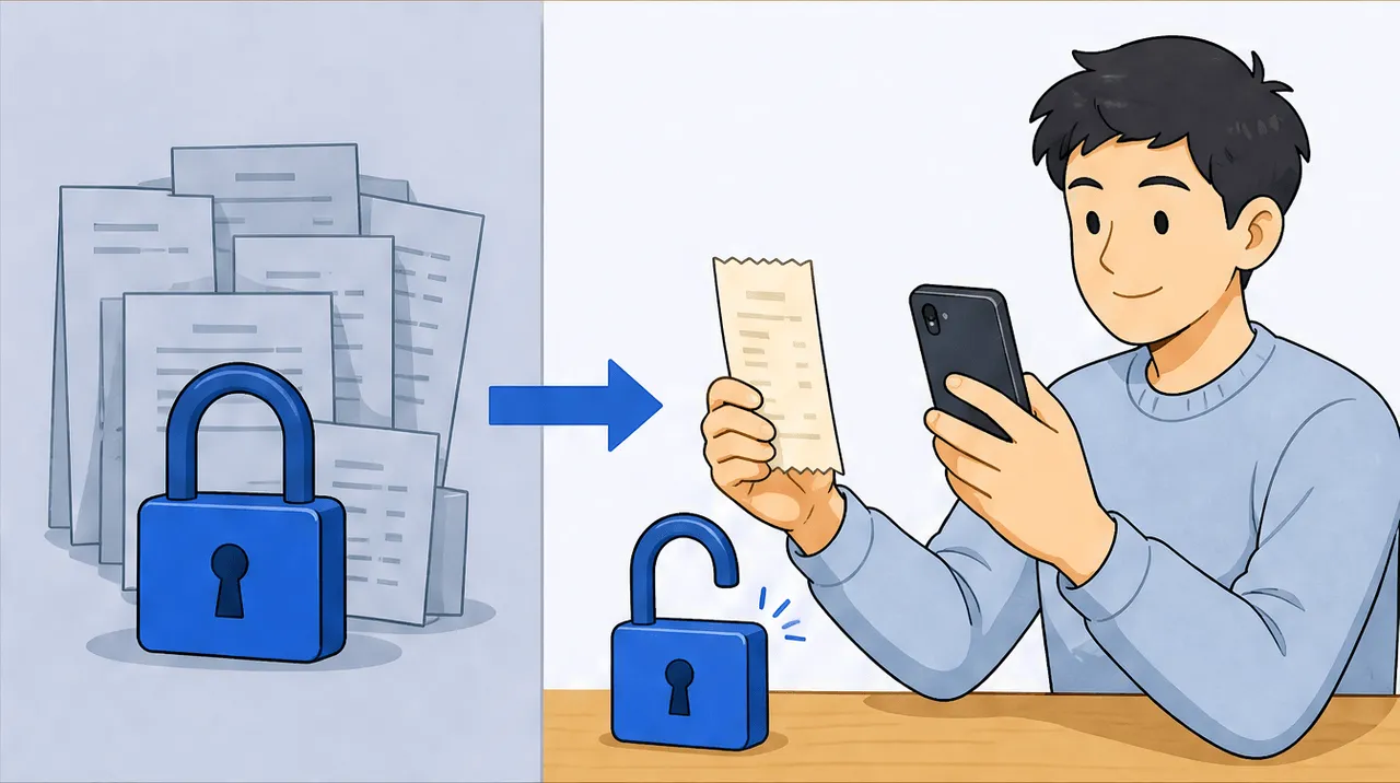 A split scene contrasting a generic receipts panel locked behind a padlock on one side with an open free phone-scan on the other, a freelancer choosing the open path