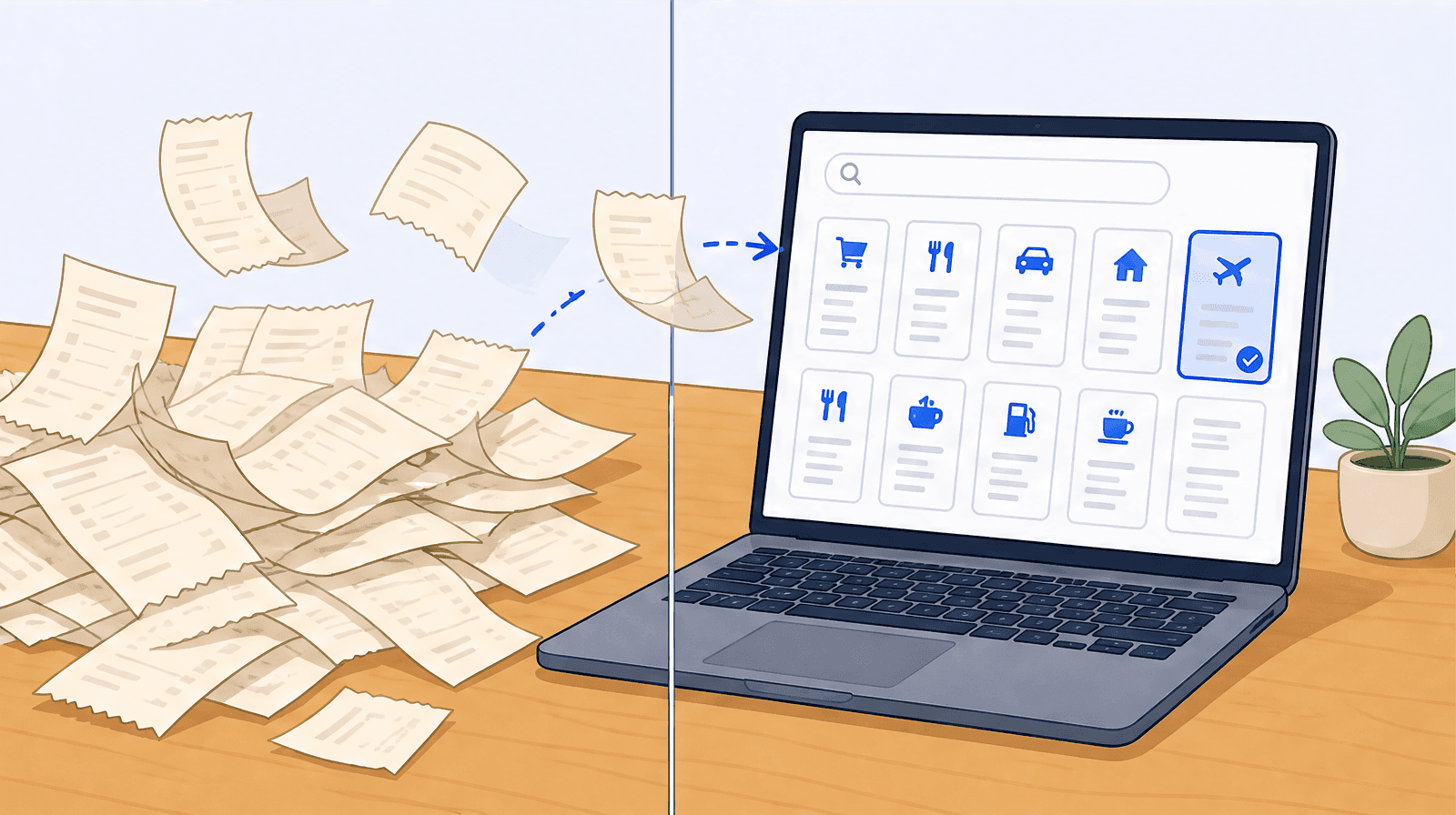 A messy pile of paper receipts on the left turning into a clean searchable digital receipt library on a laptop screen on the right