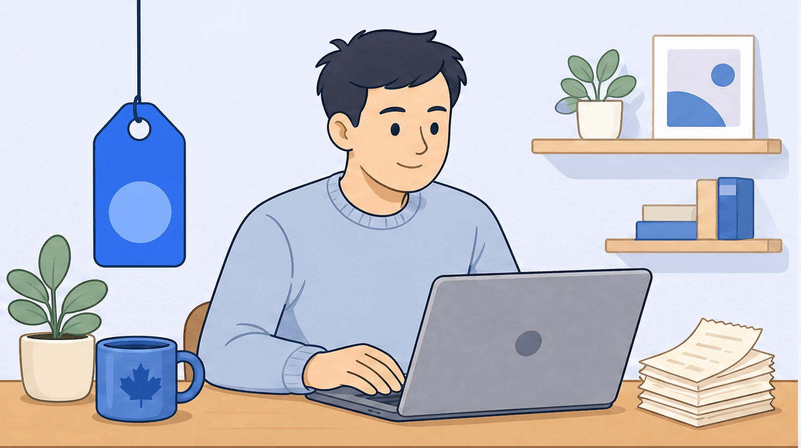 A solo founder at a tidy desk reviewing receipts on a laptop beside a steady low price tag in blue, conveying lean honest pricing