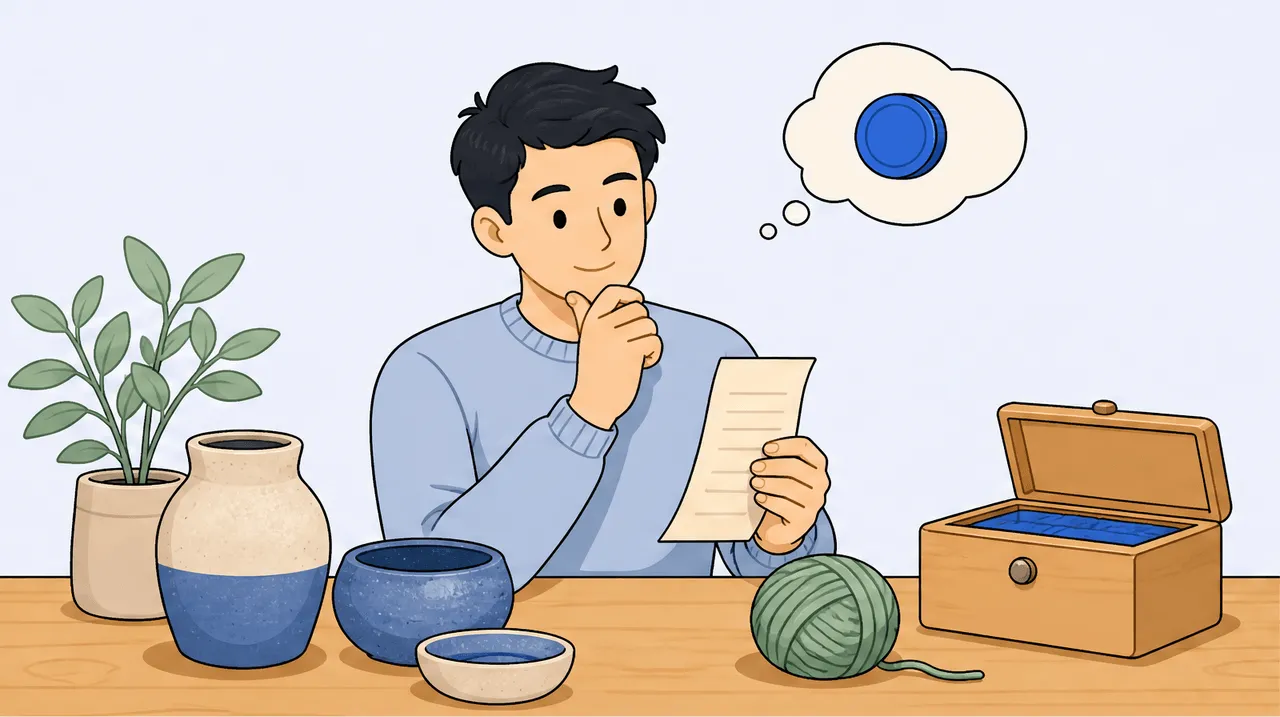 A crafter's table with handmade pottery and a ball of yarn, a small cash box, the freelancer holding a receipt with a small thought bubble containing a coin