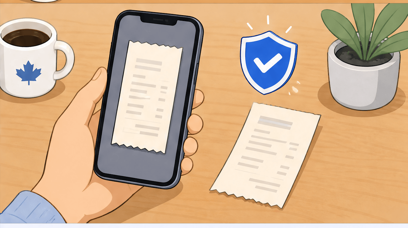 A hand holding a phone showing a clear digital photo of a paper receipt beside the faded original, a blue checkmark badge signalling the digital copy is accepted