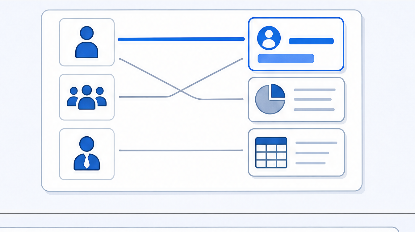 A matching diagram: user-type figure icons on the left connected by blue lines to the tool cards that fit them, with the freelancer-to-scan-ai line drawn boldest