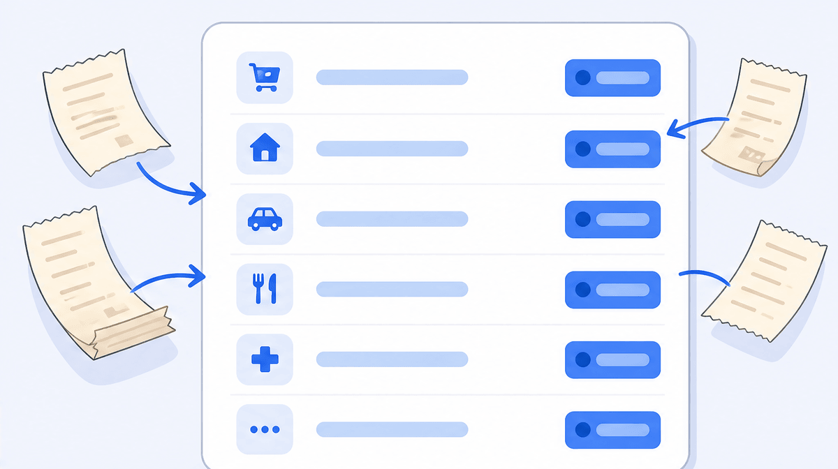 Flat editorial illustration of a T2125-style expense ledger with labeled category rows and line-number tags, receipts dropping neatly into each row