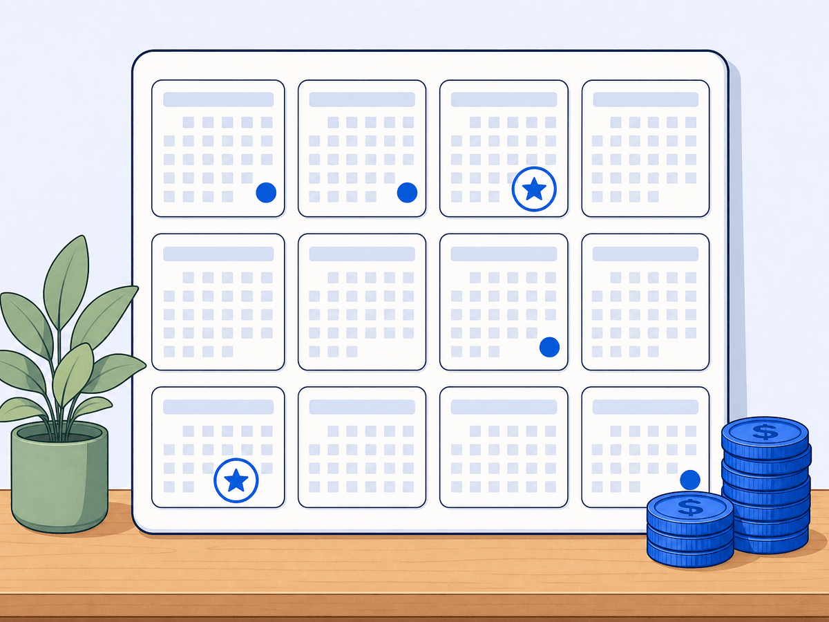 Flat editorial illustration of a simple year-at-a-glance calendar with four quarterly markers and two highlighted deadline dates