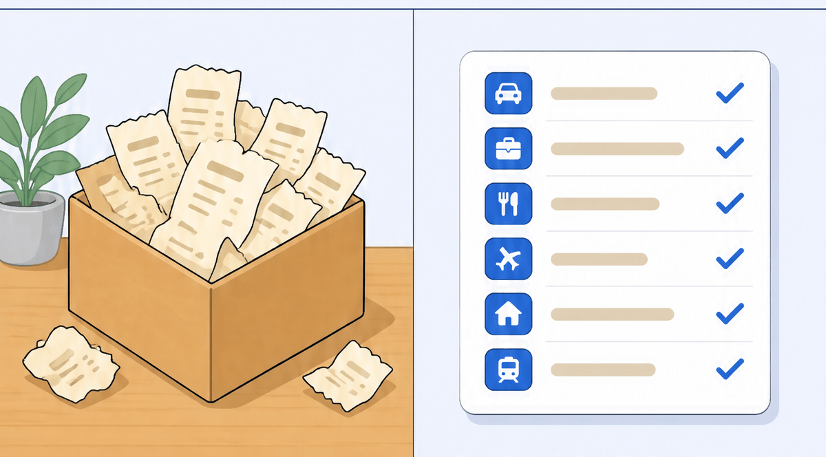 A simple split illustration contrasting a chaotic pile of crumpled receipts on one side with a neat categorized expense list on the other
