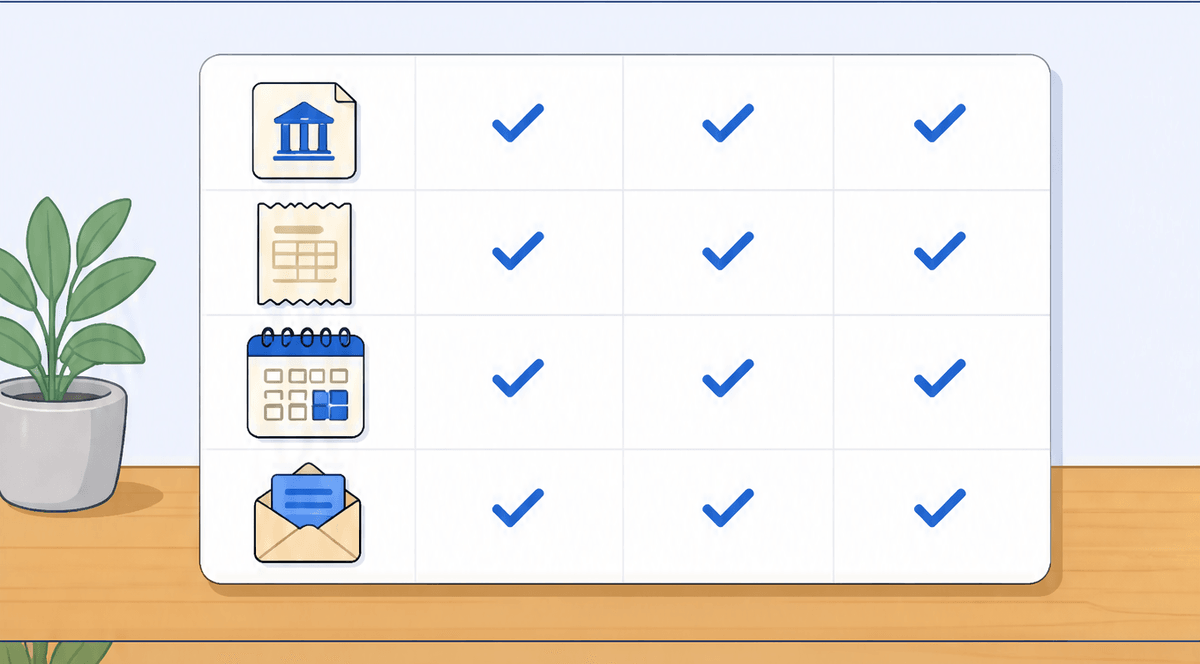 A simple table-style illustration showing different proof documents mapping to four checkmark columns labeled amount, date, place, purpose