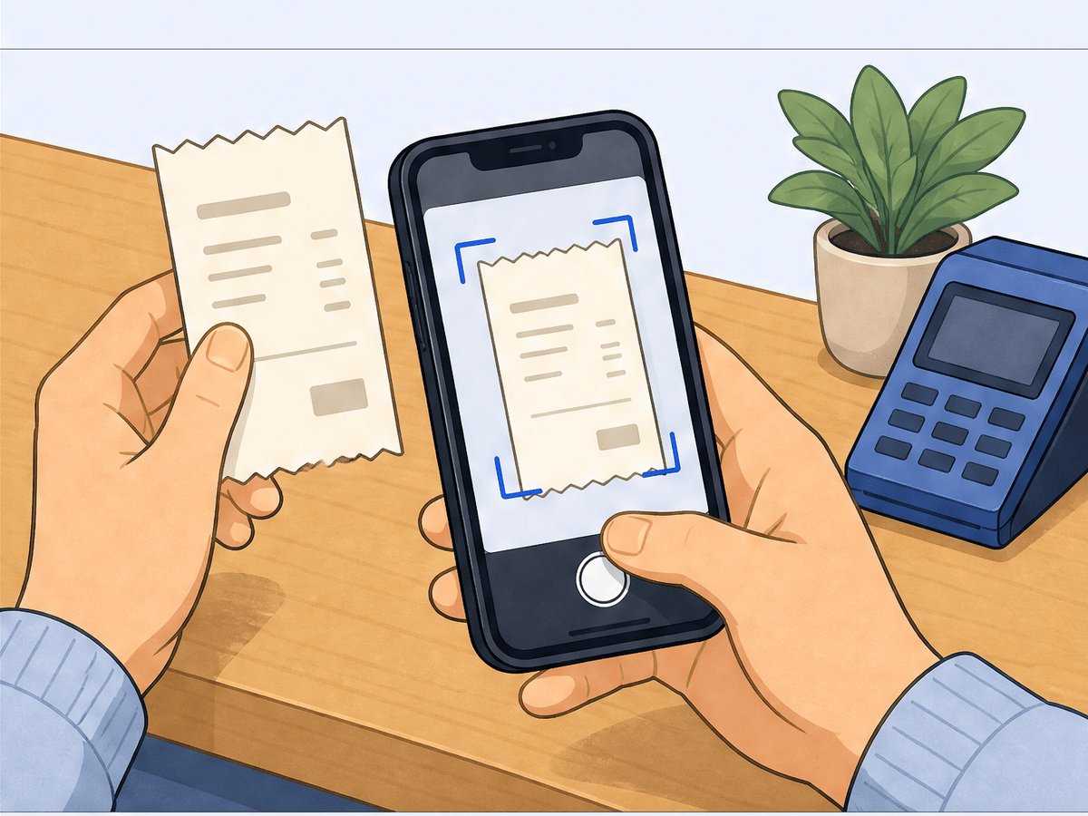 A hand holding a phone photographing a paper receipt the moment it is received at a counter, the receipt and phone screen accented in blue, clean and simple