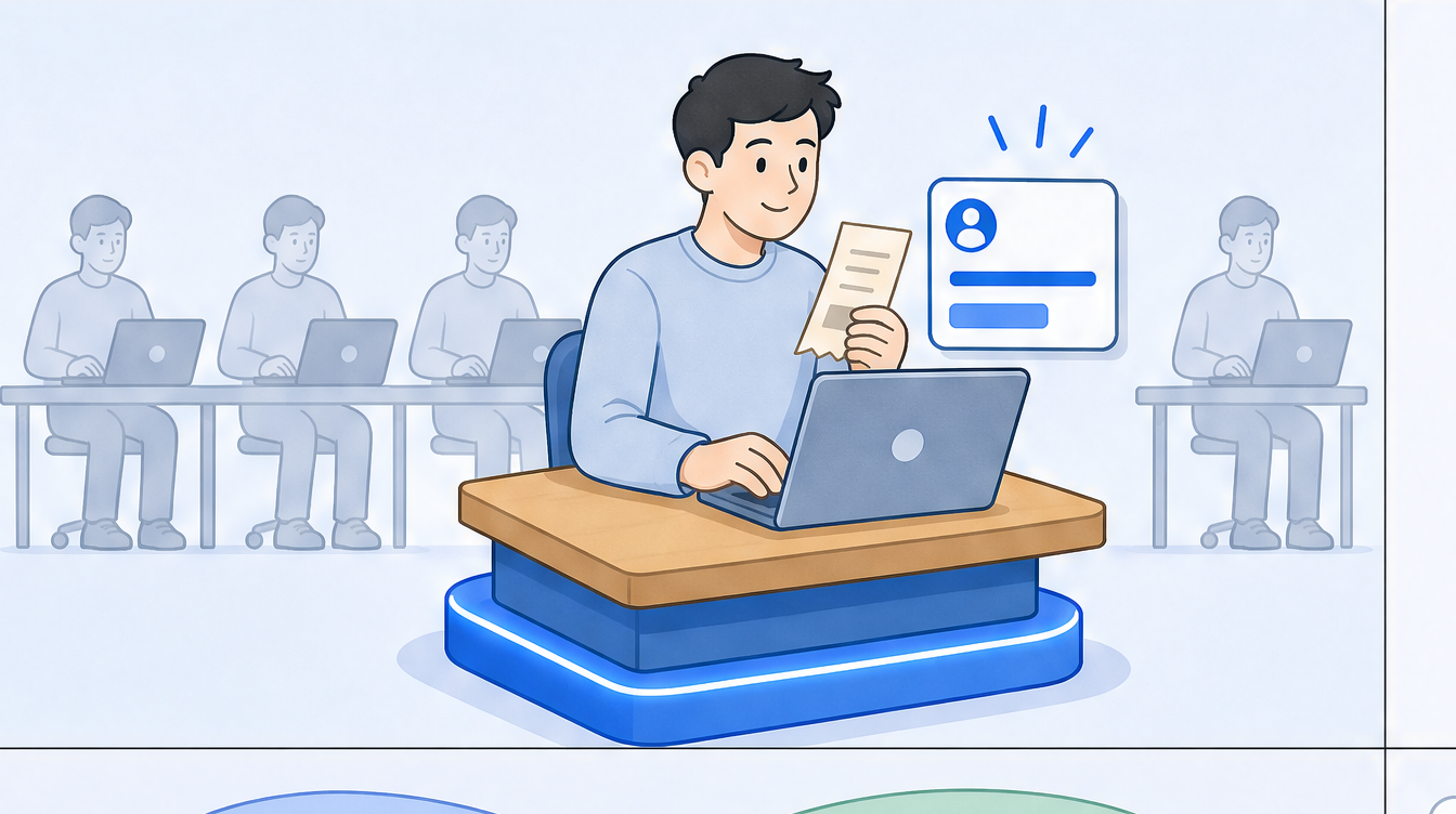 A row of faint identical account seats with one front seat lifted and glowing blue, occupied by the recurring person turning a receipt into a categorized tax-line card
