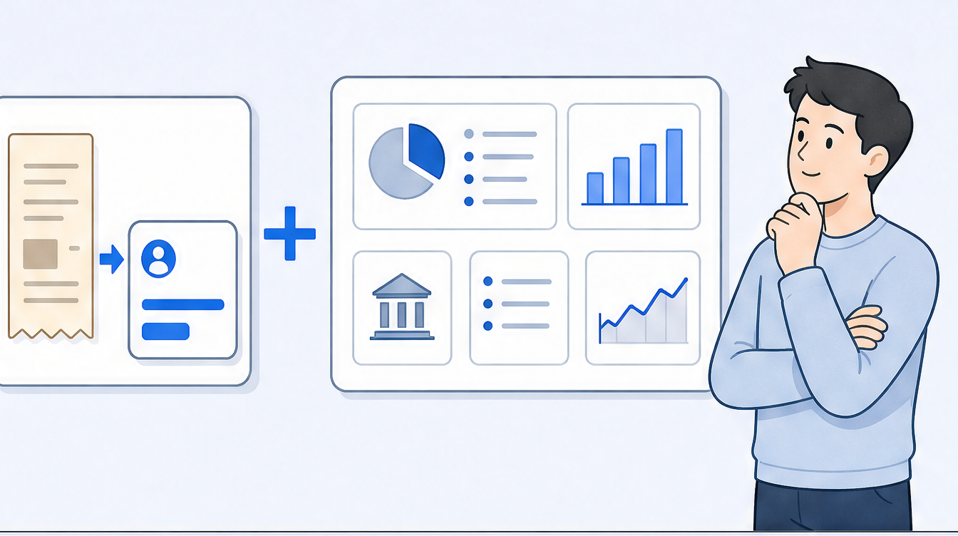 A pairing concept: a focused receipt-to-tax-line card and a broad accounting-suite panel joined by a friendly plus sign, the recurring person looking on