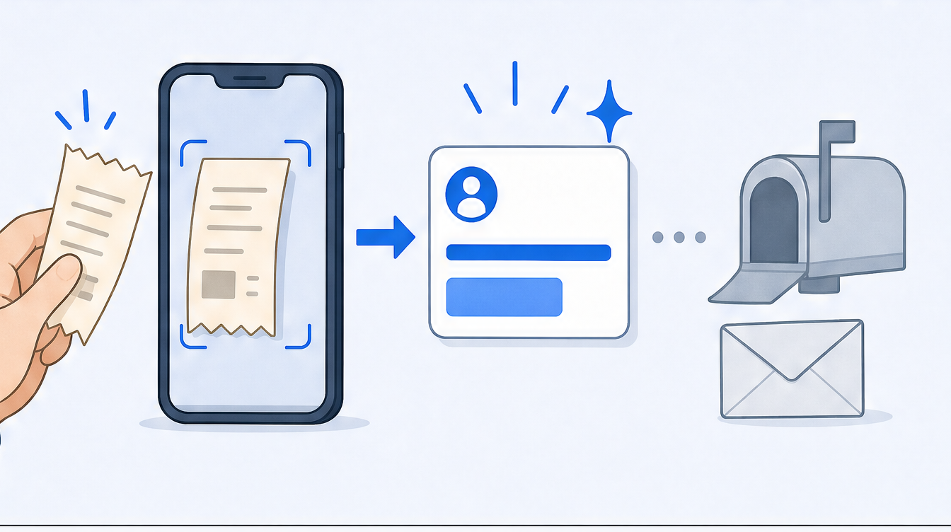 The recurring person's hand snapping a receipt with a phone and a categorized tax card popping out instantly, a faint slower mailbox icon beside it for contrast