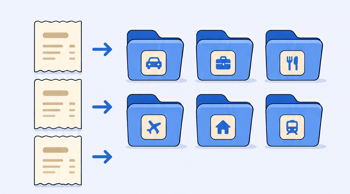 A clean column of receipt cards on the left flowing into labeled T2125 line-number buckets on the right, each bucket a simple folder labeled with a four-digit code, neat and orderly