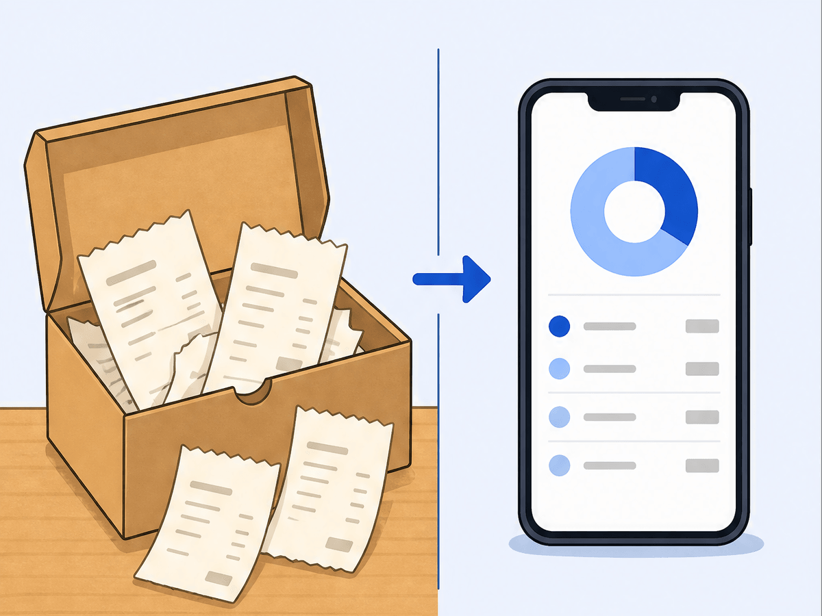 A side-by-side contrast: a chaotic pile of crumpled receipts on the left, a calm phone screen with a single clean total-per-category summary on the right