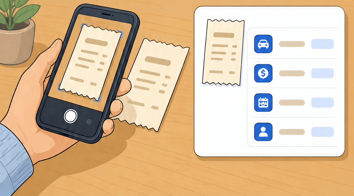 Flat editorial illustration of a freelancer photographing a paper receipt with a phone, the captured receipt shown as clean categorized data with date, amount and vendor fields, single blue accent