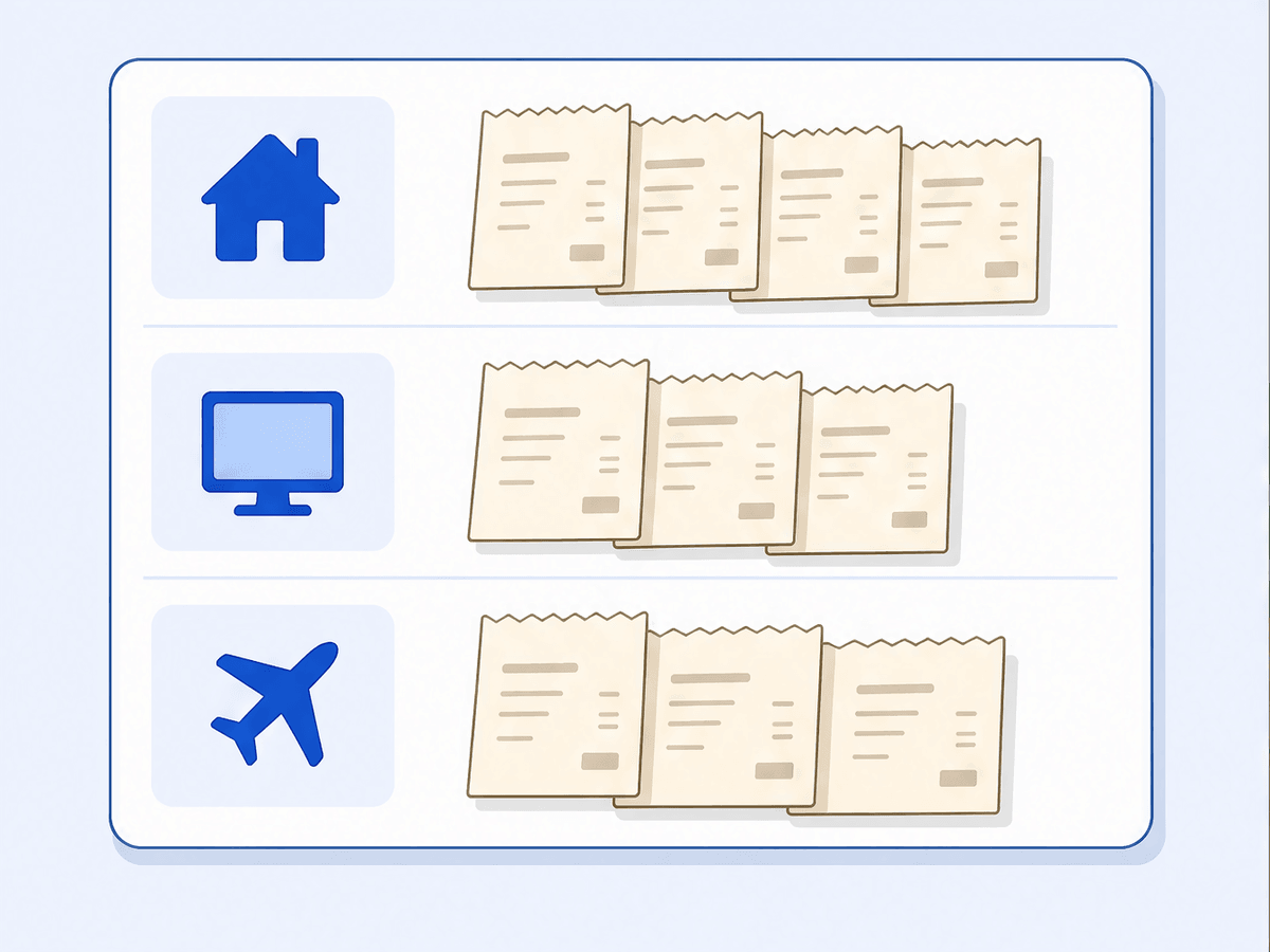 Flat editorial illustration of a tidy categorized expense list on a screen, receipts sorted into clear labeled groups like home office, software, travel, single blue accent