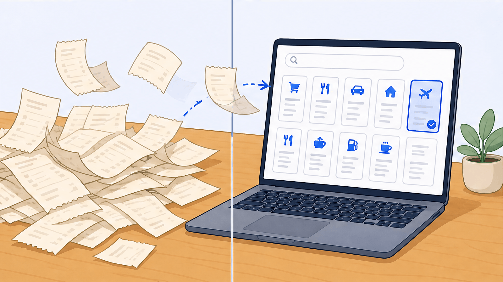 A messy pile of paper receipts on the left turning into a clean searchable digital receipt library on a laptop screen on the right